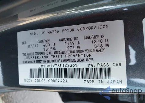 2015 Mazda Mazda3 I Touring z USA, uszkodzony, nr VIN JM1BM1V78F1223611